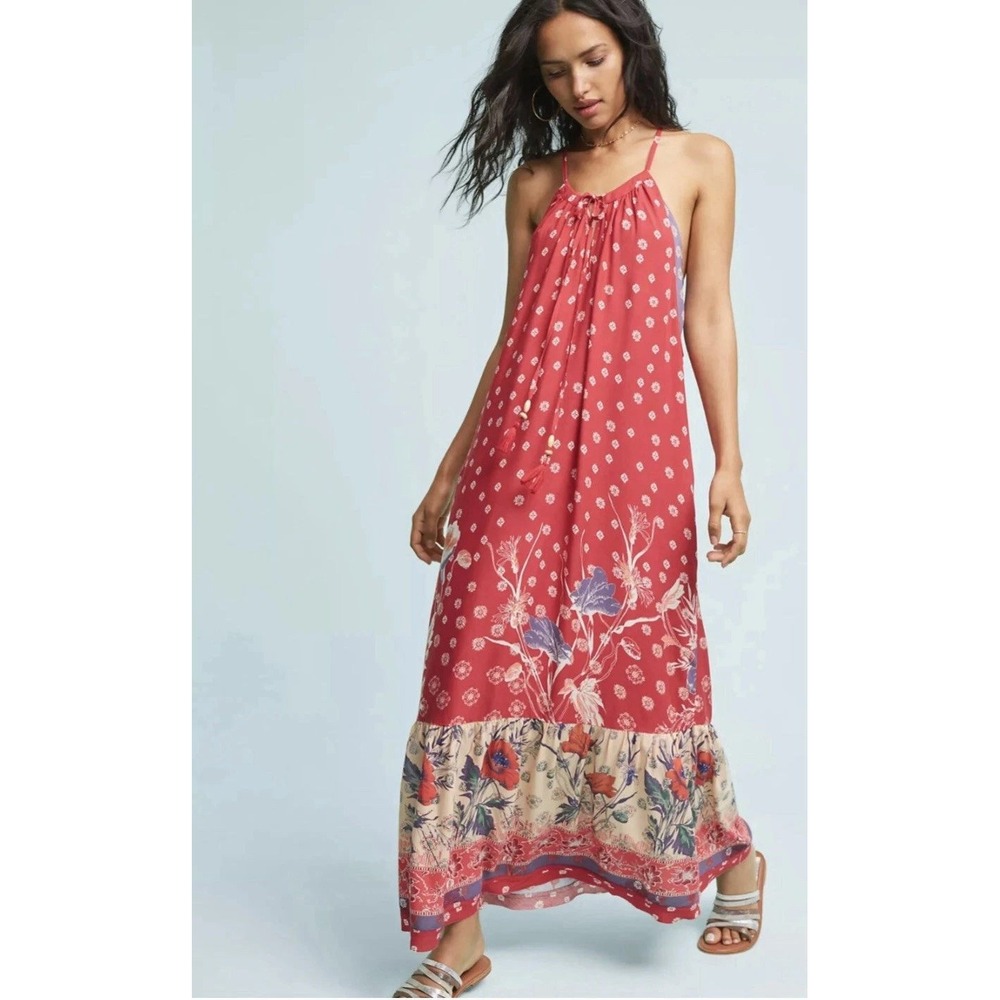 Anthropologie Red Floral Halter Maxi Dress with Cream Border